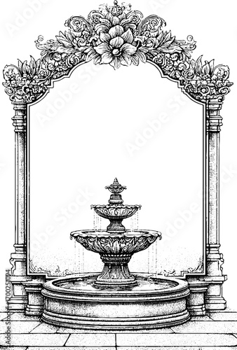 Ornate vintage fountain illustration in engraving style for decorative design