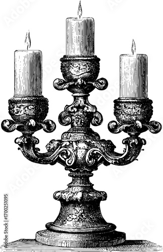 Ornamental vintage candlestick trio in engraving style for decorative design