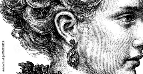 Vintage engraving of woman's earring in classic portrait style