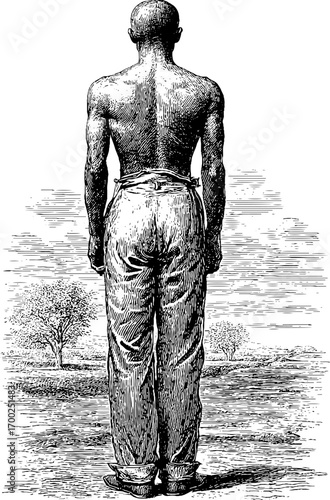 Vintage engraving style illustration of elongated figure in natural landscape