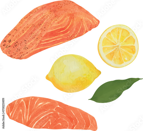 Vector watercolor illustration set of whole lemon, salmon, salmon fillet, smoked salmon, and Mediterranean fish