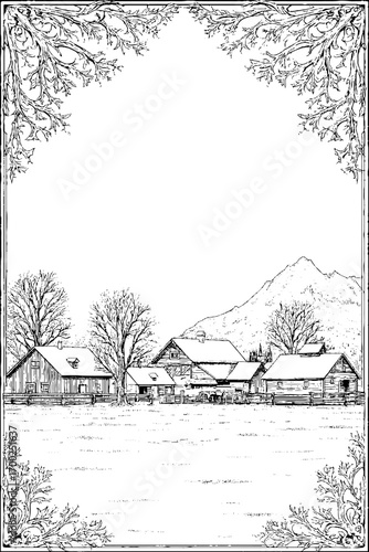 Charming farmyard in vintage engraving style illustration with nature elements