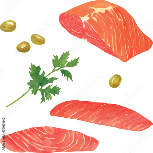 Vector watercolor illustration set of olives, fresh parsley, herbs, salmon, trout, trout fillet, salmon fillet, lightly salted trout, and lightly salted salmon