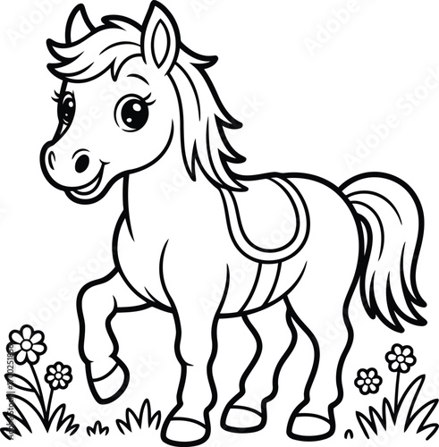 Adorable cartoon horse outline standing in a field with flowers perfect for children s coloring pages and educational materials