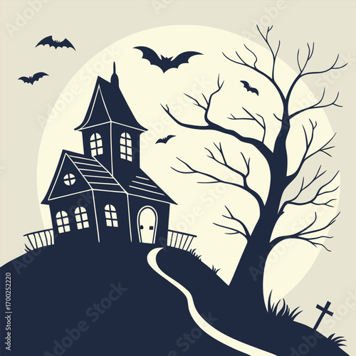 Spooky haunted house on a hill with bats flying in front of a full moon, creating a halloween night scene