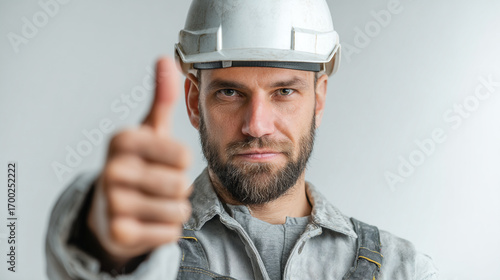 Construction worker in white hard hat giving thumbs up gesture against plain background