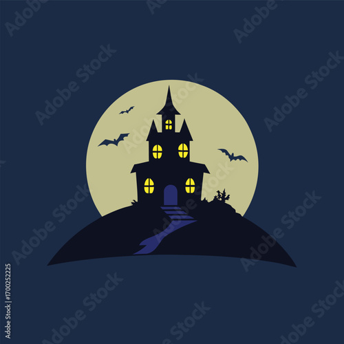 Spooky haunted house on a hill with bats flying around it against a full moon in the night sky