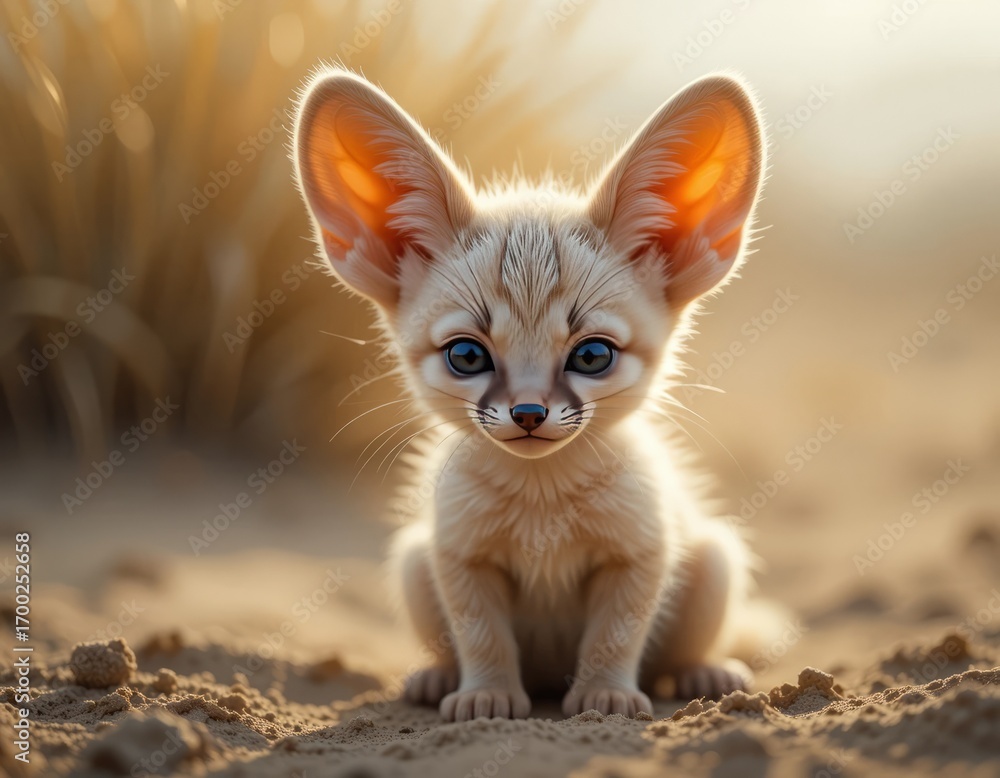 Fototapeta premium Adorable fennec fox kit with large ears sits curiously in a sandy desert environment with warm sunlight.