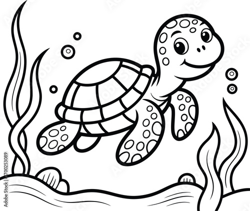 Cute cartoon sea turtle swimming happily underwater surrounded by seaweed and bubbles perfect for children s coloring pages and designs