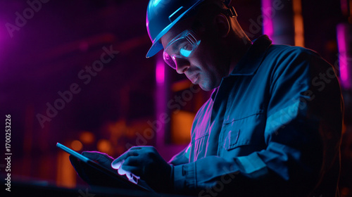 A construction worker using a tablet in a factory setting with dramatic lighting effects