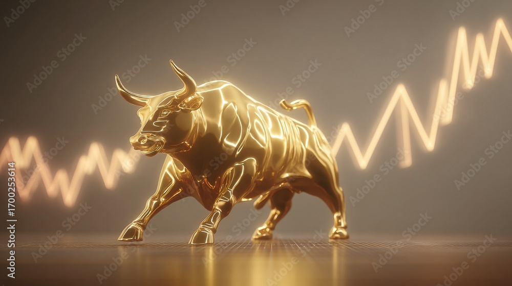 Obraz premium Golden bull statue representing upward financial market trends and optimism