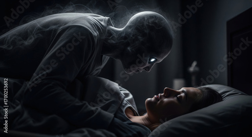 Scary pale ghost spirit about to possess a women while she is sleeping in her bedroom