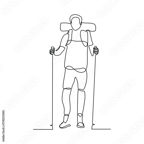 Continuous line drawing of traveling people with backpack. Single one line art of man success to hiking on top of mountain. Vector illustration editable stroke