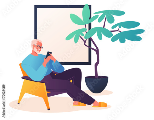 Elderly and stylish looking man sits in armchair at home or at work and holds smartphone in his hands. Concept of technology and absence of obstacles in use of modern gadgets by people of age