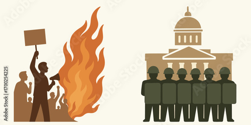 A flat vintage-style illustration depicting a protest turning chaotic, with demonstrators holding signs and megaphones near rising flames, facing a military barricade in front of a government building