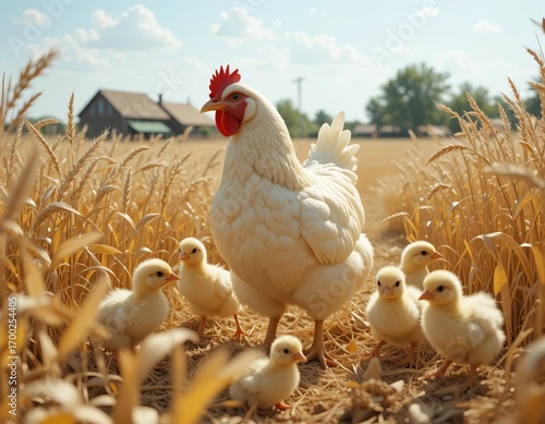 Mother hen proudly watches over her fluffy chicks in a sun-drenched wheat field.