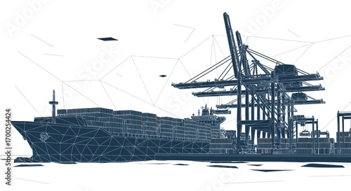 Low poly illustration of a cargo ship and loading cranes at a shipping port terminal