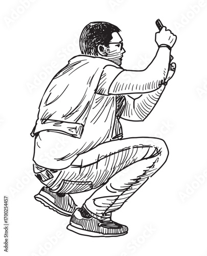 One young modern man photographing on smartphone, crouching, profile view, outdoors, realistic sketch, vector outline hand drawing, white background