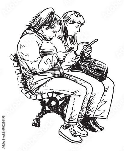 Two casual young city women sitting on street bench and looking at smartphones, realistic sketch, vector outline hand drawing