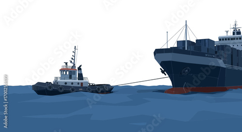 Low polygon rendering of a tugboat towing a large container ship on calm seas against a white