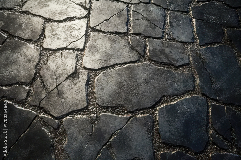 Obraz premium Weathered dark gray stone pavement texture featuring deep cracks and rough uneven surface. Abstract rock pattern creates an old grunge background.