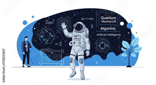 Astronaut explores quantum mechanics, algorithms, and artificial intelligence concepts