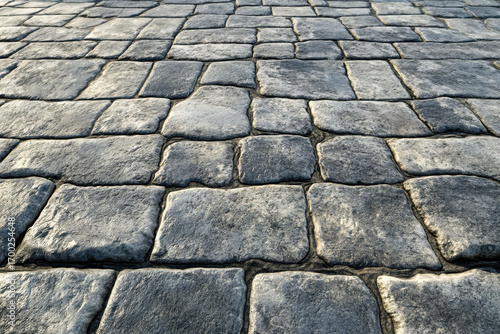 Detailed rough grey stone pavement texture. Irregular, old flagstones create a natural outdoor ground surface pattern. Sunlight highlights the ancient rock pathway background.