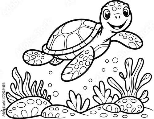 Cute cartoon sea turtle swimming happily above colorful coral reefs and bubbles in a simple line drawing illustration