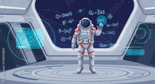 Astronaut solving complex equations in a futuristic spaceship with advanced technology displays