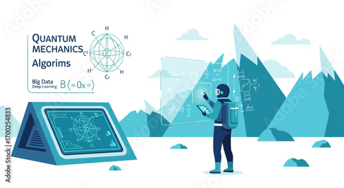 Astronaut using advanced technology for quantum mechanics research in a landscape setting