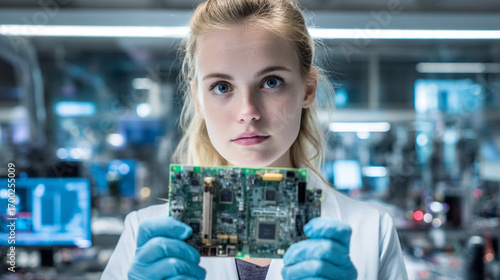 A woman in a lab coat holding a circuit board with blue gloves in a laboratory setting