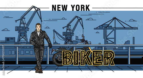Biker in New York City with an industrial backdrop and motorcycle illustration