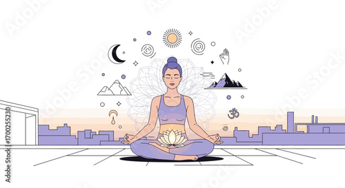 Meditating woman in lotus position with a lotus flower and city view background illustration