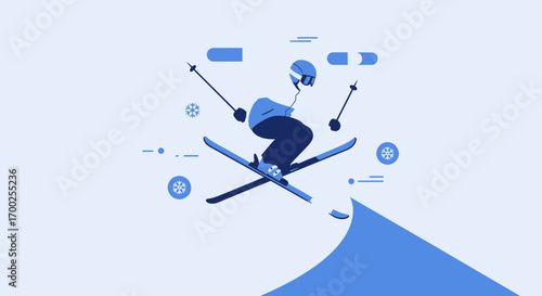 Minimalist illustration of a skier performing a jump on a snowy slope design vector