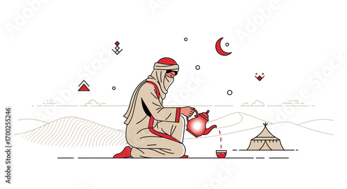 Minimalist illustration of Arab man pouring tea in desert landscape with moon and tent