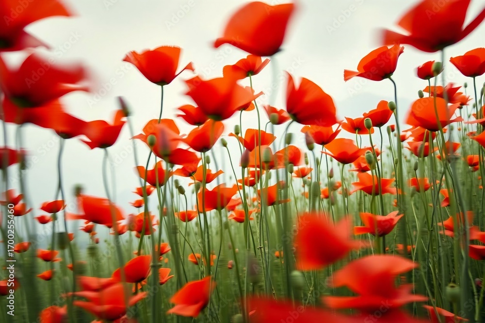 Fototapeta premium Dynamic image of red poppies in motion blur, highlighting vivid petals and green stems with a soft natural background. 