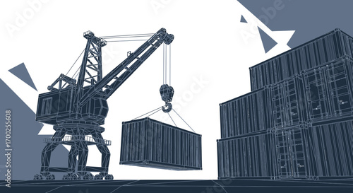 Blueprint illustration of a cargo crane lifting a container in a shipping yard concept art