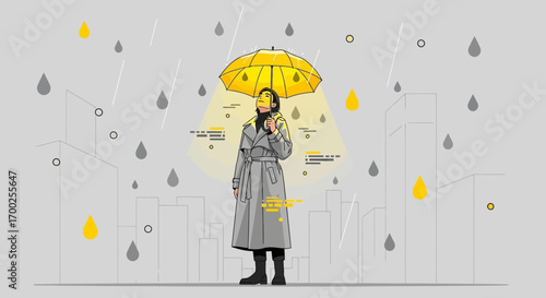 Illustration depicting a woman with yellow umbrella in a rainy city scene creating a hopeful