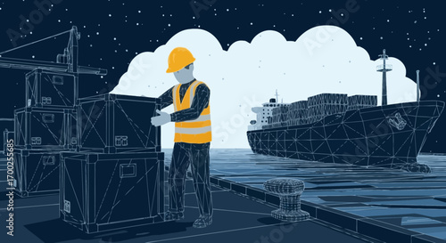 Illustrated scene of a dock worker loading cargo containers onto a ship at night representing