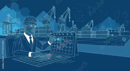Blueprint Style Illustration of Logistics Management and Scheduling for Maritime Shipping Port
