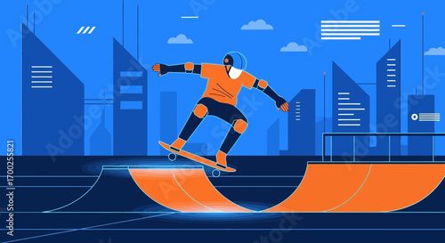 Energetic skateboarder performing a trick in an urban skatepark setting with cityscapes