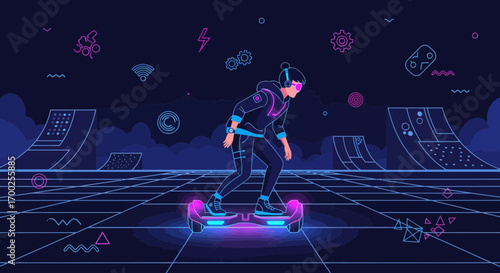 Neon future: Person on hoverboard in vibrant cityscape illustration captures technology's allure