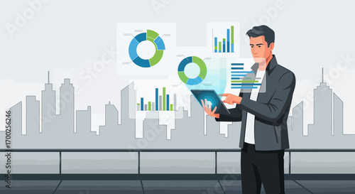 Businessman analyzing financial data with tablet in futuristic city background vector illustration