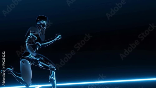 Female humanoid robot sprinting across glowing blue track, embodying high tech athletic performance within sleek digital landscape