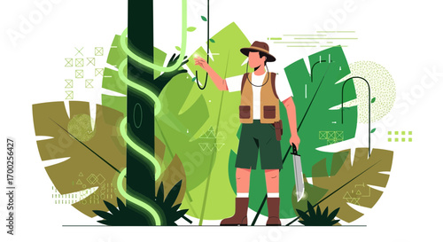 Illustration of a man exploring in a lush tropical jungle with vibrant greenery and dense foliage