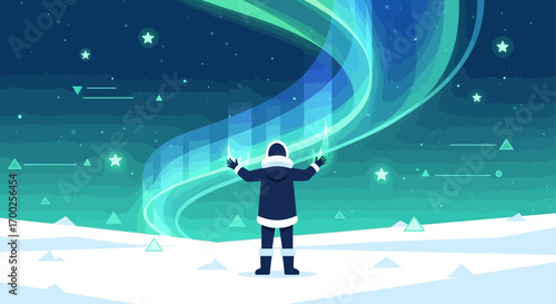Captivating aurora borealis display viewed by a person in a winter landscape showcasing the beauty