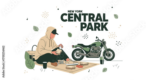 Illustration of a man having a picnic in Central Park next to his motorcycle in New York
