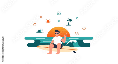Flat design illustration of a surfer enjoying the summer vibe at the beach with sunset