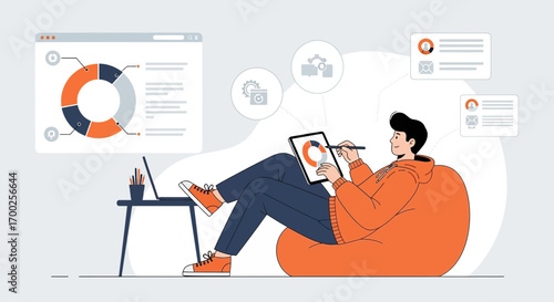 Relaxed professional analyzing data insights with a digital tablet in a modern workspace