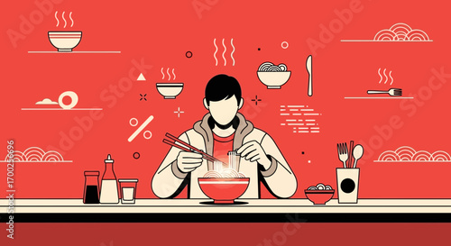 Illustration of a person eating noodles with chopsticks in a vibrant red setting creating a modern